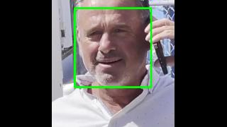 Image of man talking on a cell phone's face, inside a green box
