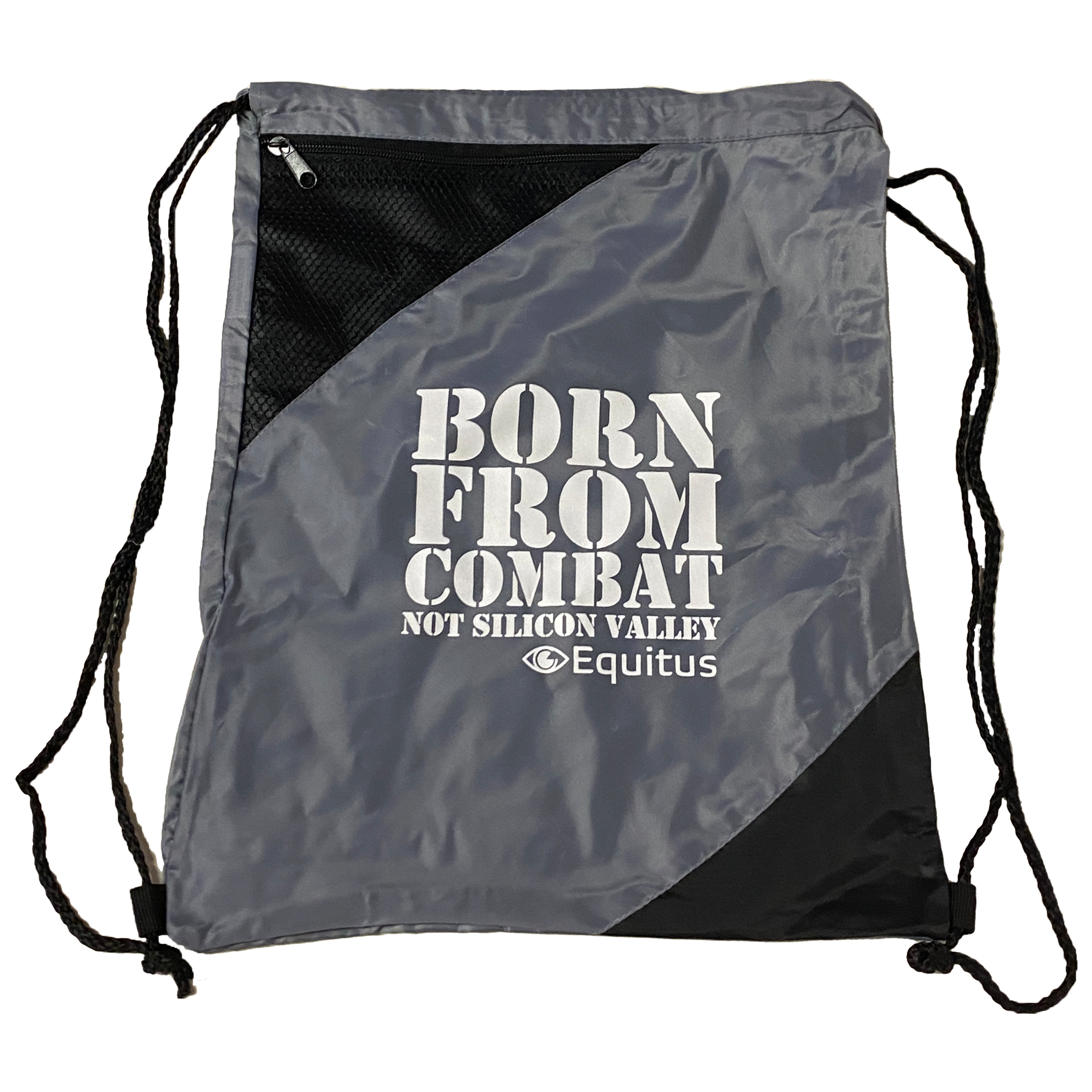 Black and grey drawstring bag with "Born From Combat Not Silicon Valley" logo
