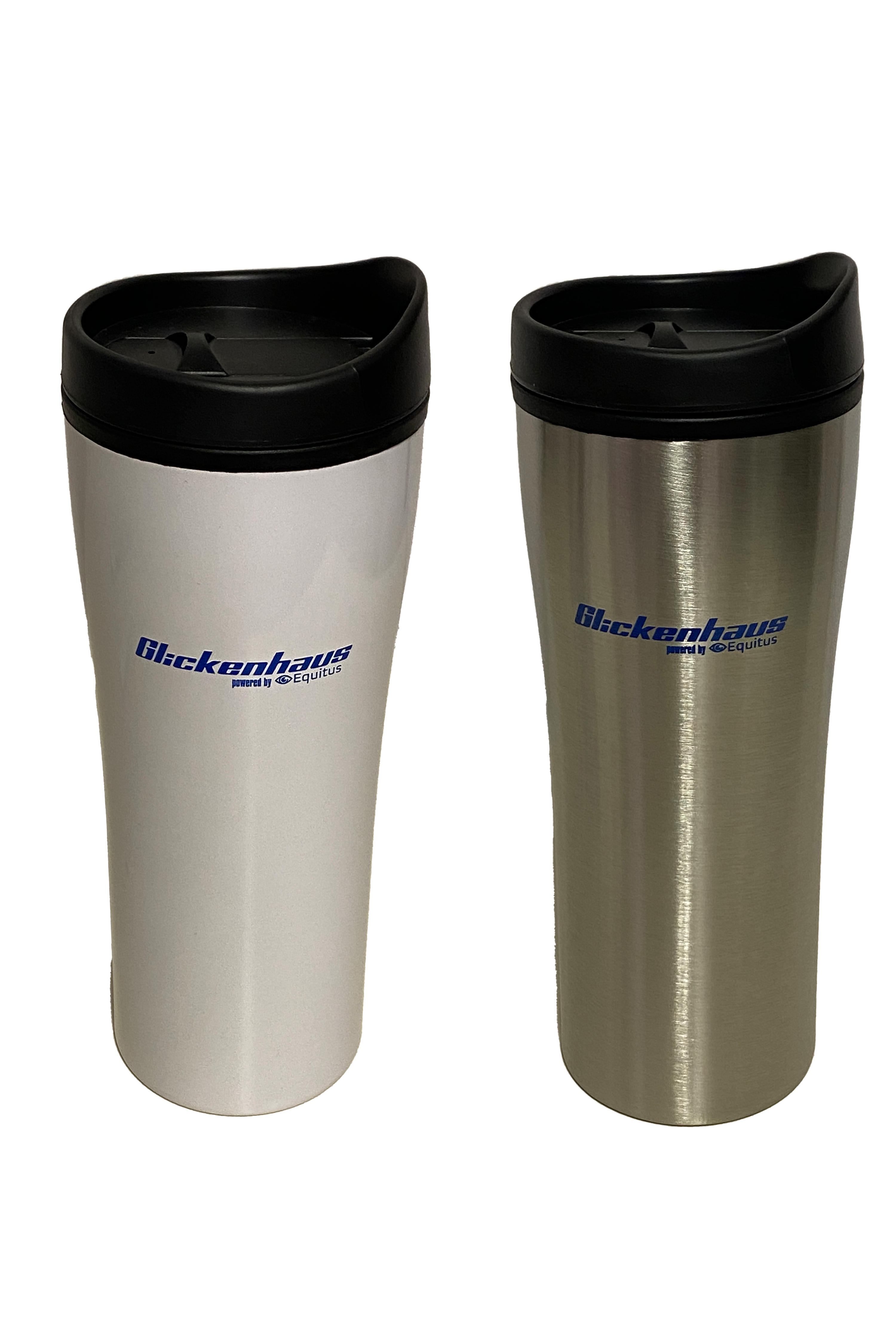 One white tumbler and one stainless steel tumbler with the "Glickenhaus Powered By Equitus" logo