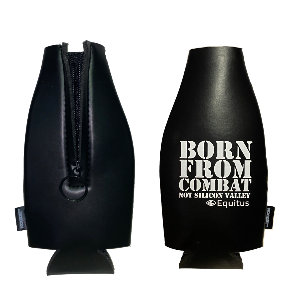 the front and back side of a black zip up beer coozie with the words "Born From Combat""